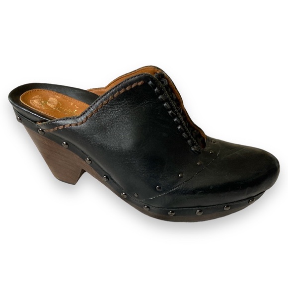 EARTHIES Mules Clogs Booties Heels Wood Leather Slip On  Black - Picture 1 of 12